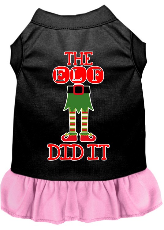 The Elf Did It Screen Print Dog Dress Black with Light Pink Lg